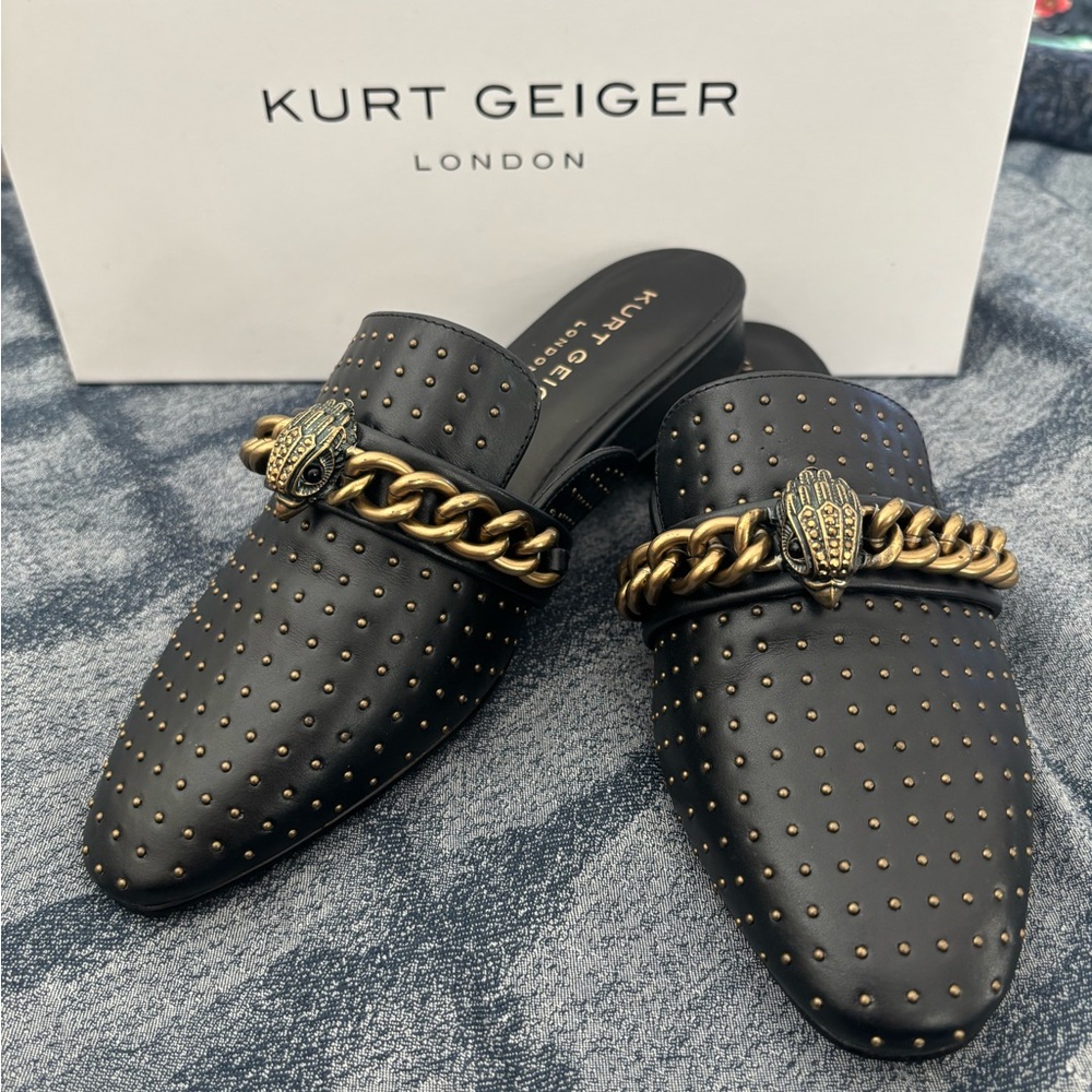 Kurt Geiger Black Studded Leather Chain-Trim Mule Loafers -New in original box.